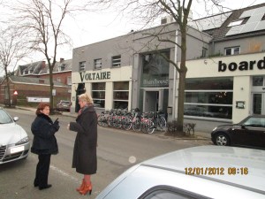 Almost to lunch at Voltaire'...Pat and Leive in foreground!  Check out the bikes in front of the restaurant!